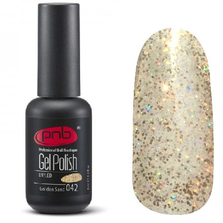 PNB, Гель-лак цвет №042 Golden Sand (8 мл.) PNB, Гель-лак цвет №042 Golden Sand (8 мл.)PNB<br>Гель-лак прозрачный, с золотыми и голографическими блестками<br>