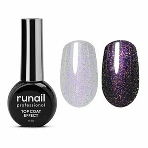 ruNail, Top Coat Effect Purple Aurora - Топ без липкого слоя с поталью №9909 (9 мл)